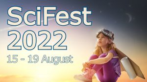 SciFest 2022 logo with girl imagining being able to fly to the stars